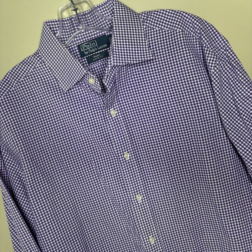 Mens Polo Ralph Lauren 17.5 32/33 Collared Dress Shirt Purple Gingham Checkered